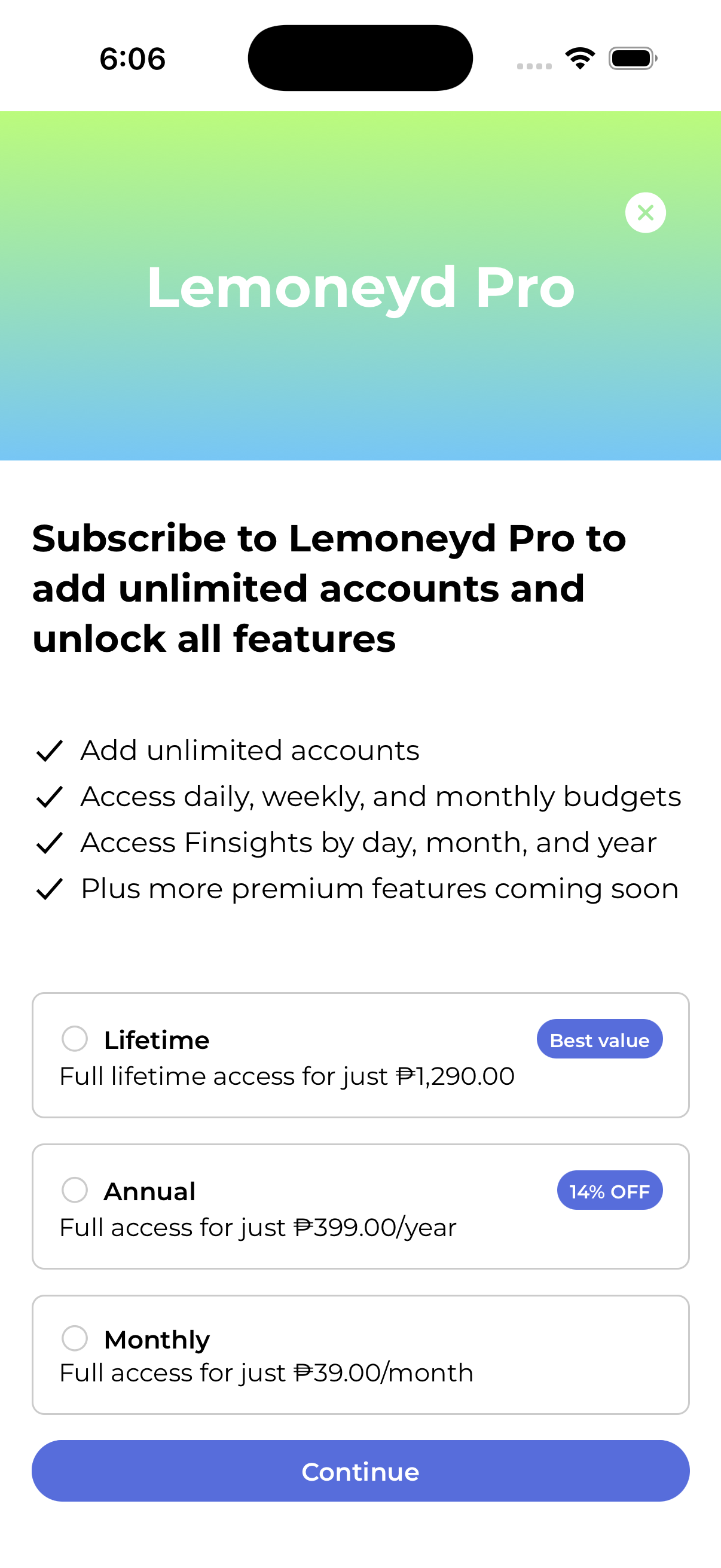 Subscriptions screen